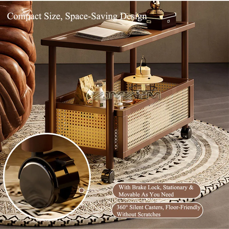 Mobile Side Table Luxury Rattan Storage Cart Lockable with 360° Casters for Living Room Bedroom Rolling Walnut Storage Trolley