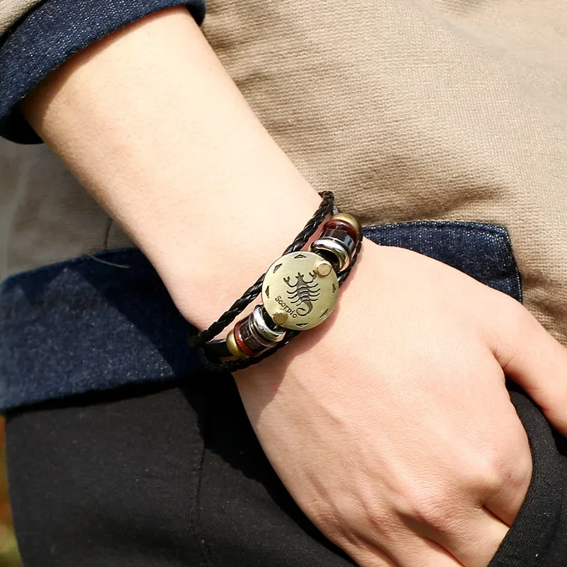 Vintage 12 Constellations Leather Bracelet Zodiac Horoscope Braided Bangle for Men Women Charm Wristband Accessories Xmas Gifts