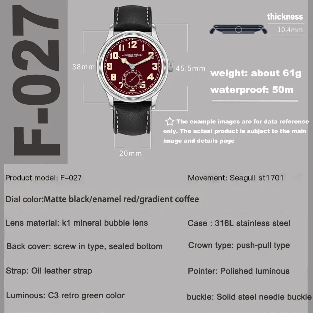 Hruodland Men Automatic Mechanical Watches ST1701 Bubble Mineral glass 50m waterproof stainless steel Watches male K1