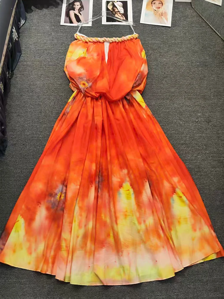 الرجعية مثير كلمة طوق جوفاء حبال صديرية دائرية تنورة الصيف المرأة الجديدة أنيقة مرونة الخصر سوينغ مزاجه طباعة اللباس