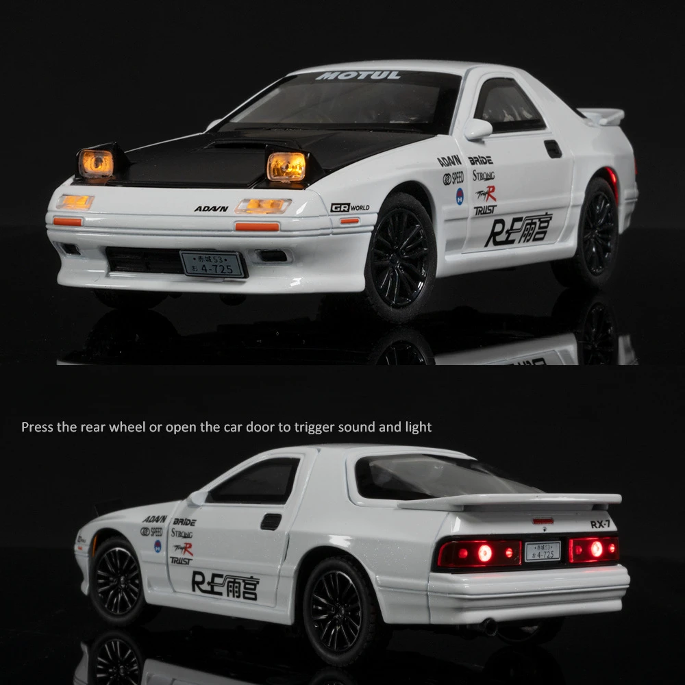 1:32 mazda RX-7 rx7 modelo de carro esportivo brinquedos liga diecast som luz 4 portas abertas puxar para trás ornamento veículos de brinquedo presentes da criança