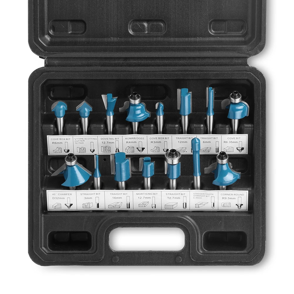 

15pcs 1/4 Shank Router Bit Set Woodworking Edge Trimming Straight Face Milling Cutter for Wood CNC Tungsten Solid Cutter
