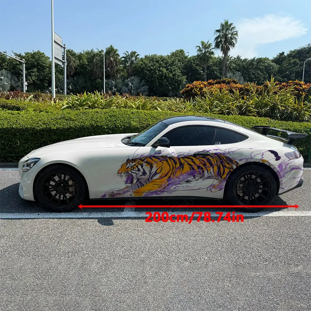 2pcs Purple Aura Storm Tiger Car Side Wraps, Self-Adhesive PVC Waterproof & Scratch-Resistant Stickers, Car Accessory Gift