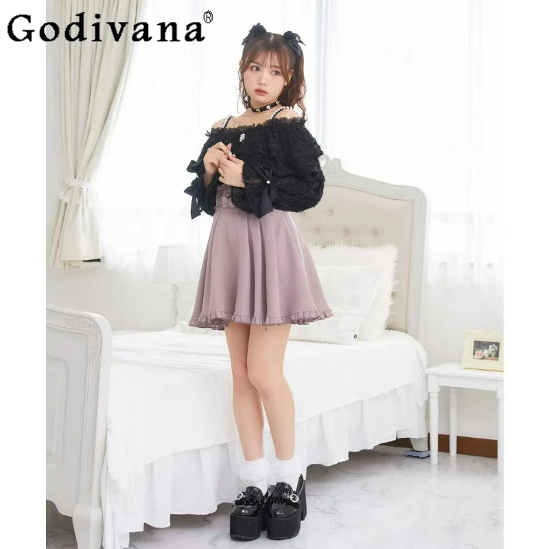 

Large Size Japanese Sweet Lolita Elegant Slash Neck Long Sleeve Shirt Girl Spring Autumn Off-the-shoulder Pearl Suspender Top