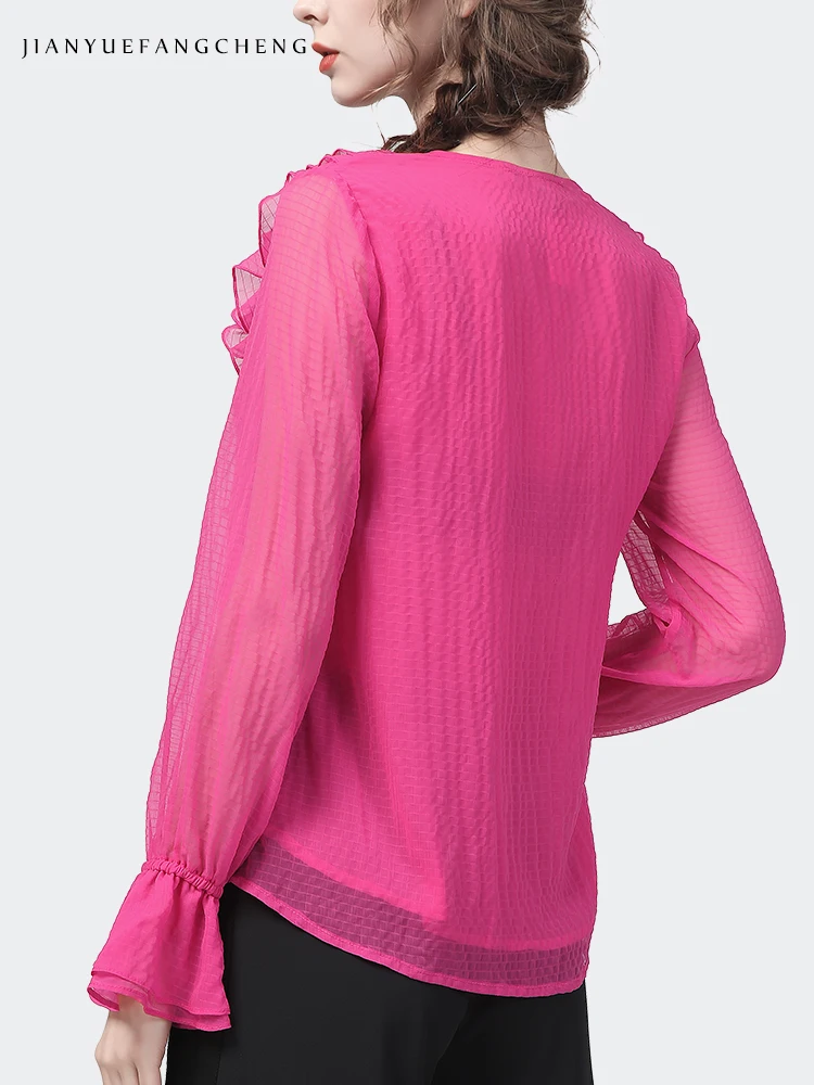 Imagem -06 - Blusa Chiffon Vermelha Rosa para Mulheres Manga Comprida com Decote em v Babados Elegante e Fina Camiseta Casual Feminina de Escritório Moda Nova Primavera 2023