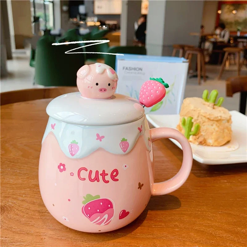 Pig Mug Ceramic Strawberry Cup Korean Girl Cute Pink Mug with Cover Spoon High Temperature Resistant Couple Gift Cup