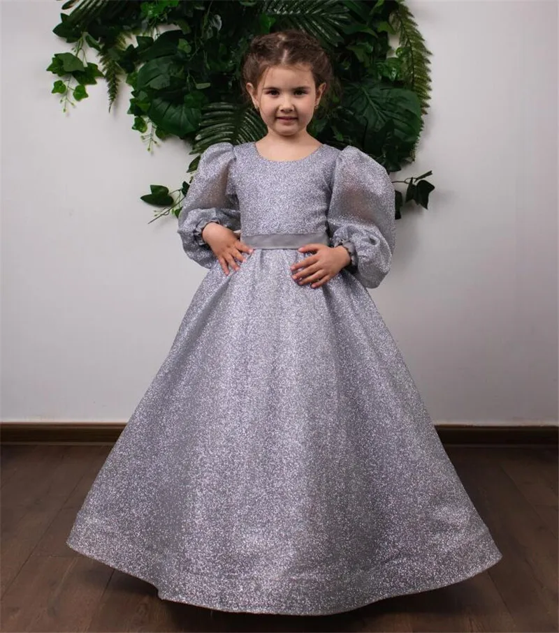 

Sparkly Silver Girls Birthday Pageant Gown Flower Girl Dress Kid Christmas Gift First Communion Gown with Bow