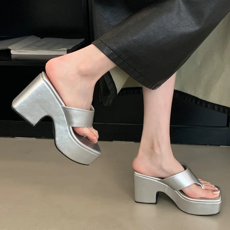 

White Heels Sandals Platform Silver Woman Slippers Summer Square Toe Chunky Shoe Casual High Heel Sandals Ladies Sandalias Mujer