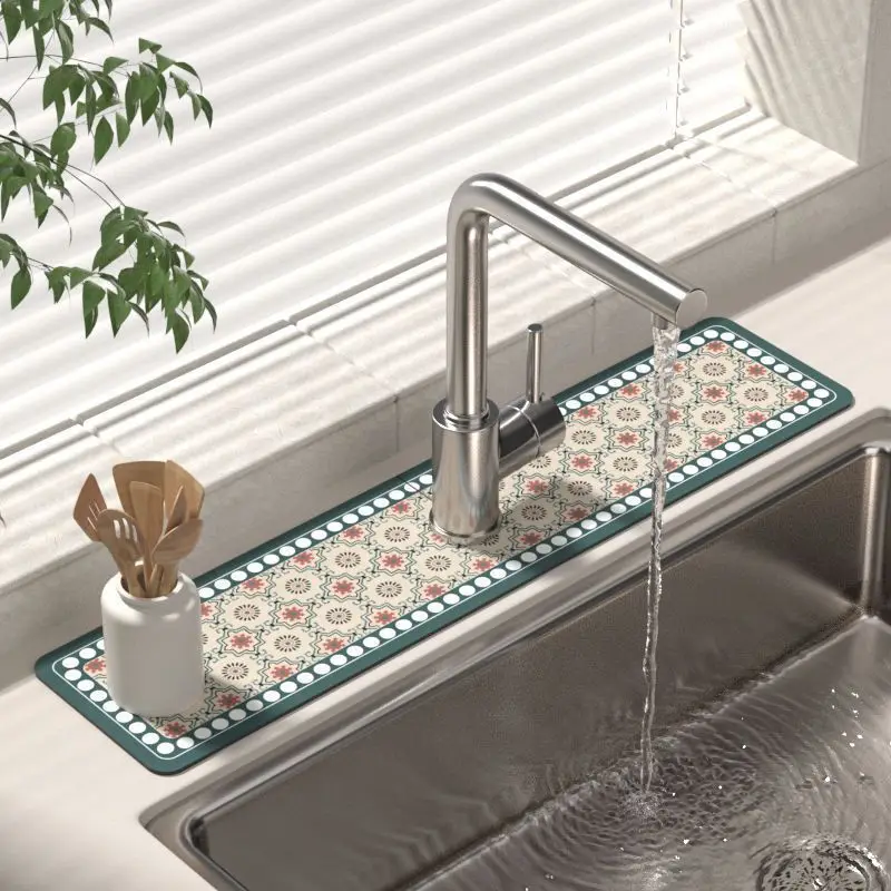 VIKAMA Checkered Faucet Mat Black White Chessboard Sink Splash Pad Absorbent Non Slip Quick Dry Kitchen Countertop Decor