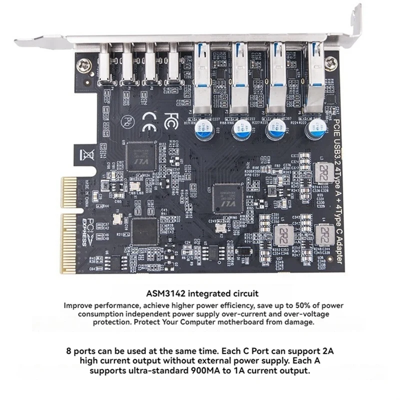 PCIE USB3.2 GEN2 10Gbps Expansion Card PCI Express X4 To 4 Port TYPE A + 4 Port TYPE C Adapter USB HUB For Desktop PC