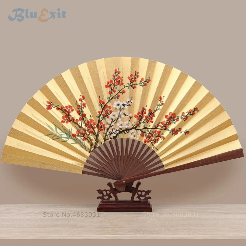 2 Sides Chinese Painting Fans Bamboo Frame Traditional Flowers Ancient Arts Peony Plum Blossoms Opera Golden Paper Folding Fan