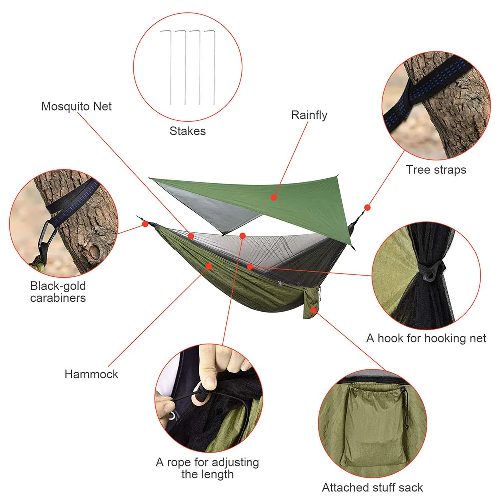 Outdoor Camping Hammock With Rain Fly Tarp And Mosquito Net Tent Tree Straps Portable 1-2 Nylon Parachute Hammock For Travel New