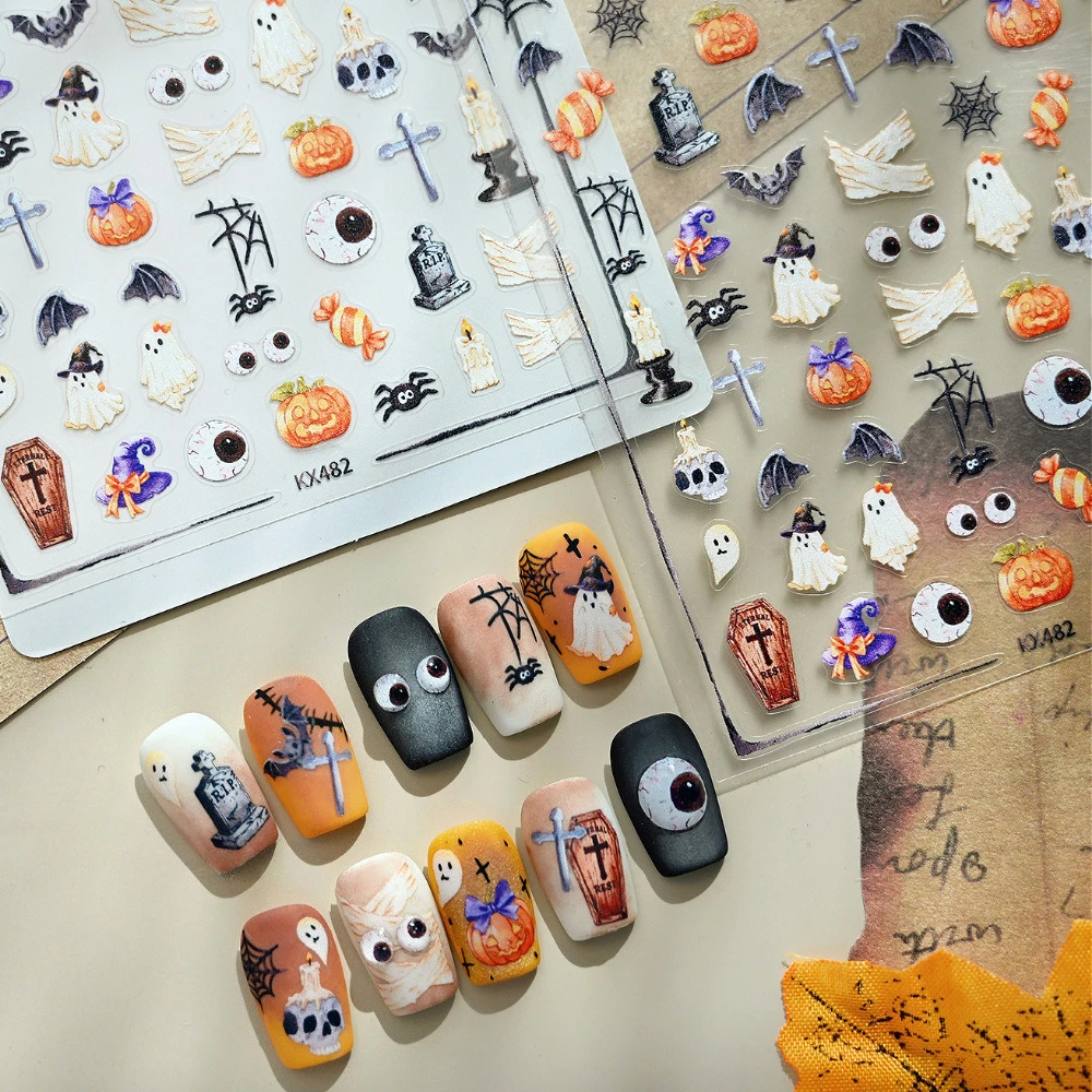 

Halloween Spooky Funny Series 3D Self Adhesive Nail Art Stickers Eyeball Ghost Pumpkin Candy Bat Spider Cartoon Manicure Decals