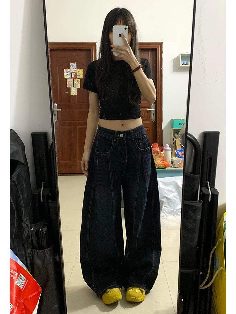 

Retro American Large Size Denim Jeans Women's High Waist Wide Leg Pants Embroidered Washed Deep Blue Slimming Knife Summer New