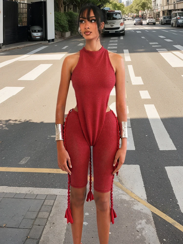 

Weird Puss Crochet Halter Rompers Woman Backless Plait Bandage Patchwork 2026 Summer Trend Street Sexy Skinny Stretch Playsuit