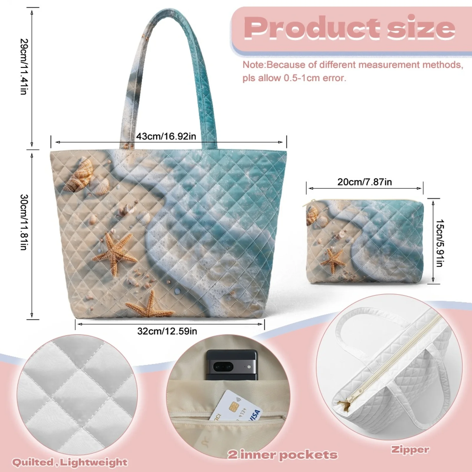 Coloranimal Starfish Seashell Set 2 Piece Quilted Shoulder Bag Inner Pockets Tote Bag with Matching Cosmetic Bag for Activities