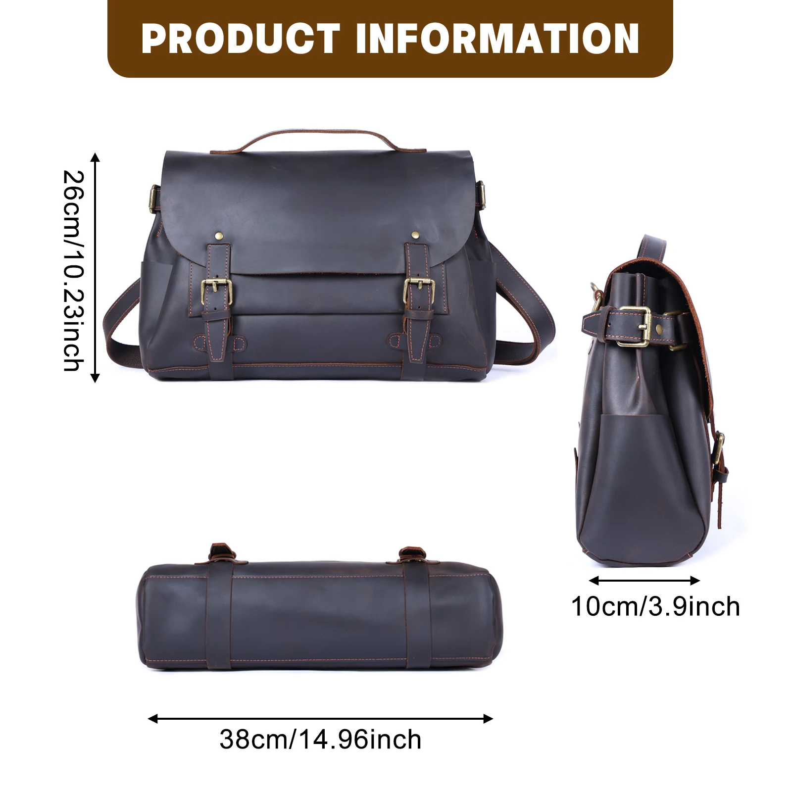 S.WORKE Vintage Echtleder Herren Umhängetasche Messenger Bag Crazy-Horse Rindsleder Klassische 14 Zoll Laptop-Tasche – Detail 3