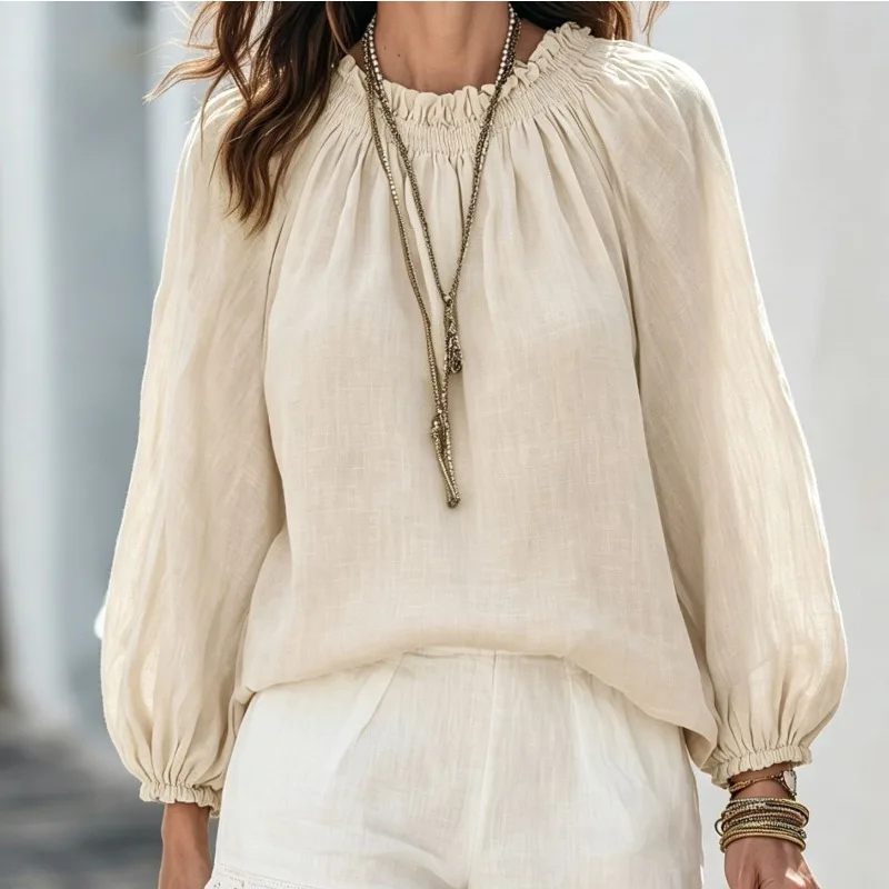 European Solid Loose Lantern Sleeve Shirt Women Spring Autumn Vacation Blouse