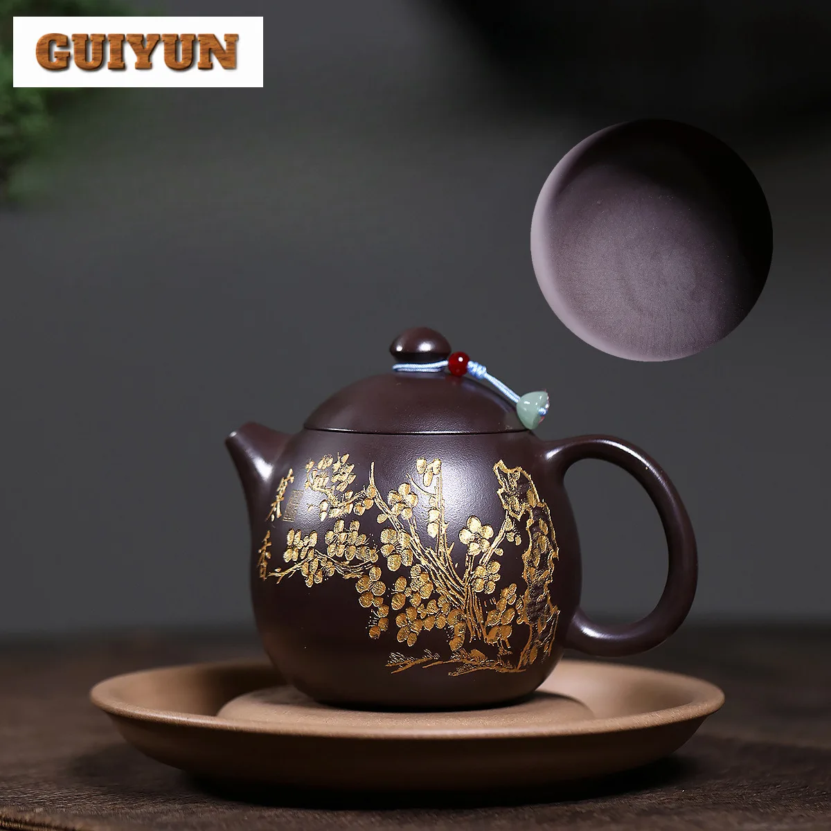 

300ml Luxury Yixing Purple Clay Teapots Handmade Gold Drawing Plum Blossom Pot Raw Ore Purple Mud Kettle Zisha Tea Set Supplies