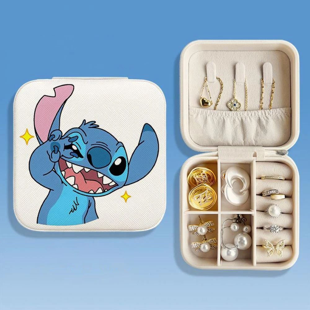 Kawaii Stitch Angle Cartoon Jewelry Case Necklace Earrings Ring Organizer Display Boxes Pu Zipper Jewelry Storage Box Portable