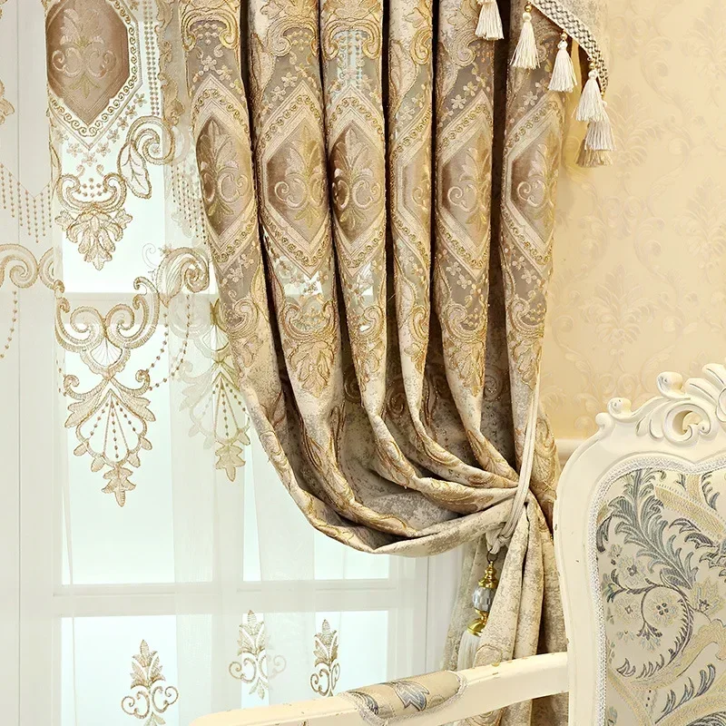 

European-style Embroidered Blackout Fabric Bay Window Floor-to-ceiling customize Curtains for Living Dining Room Bedroom
