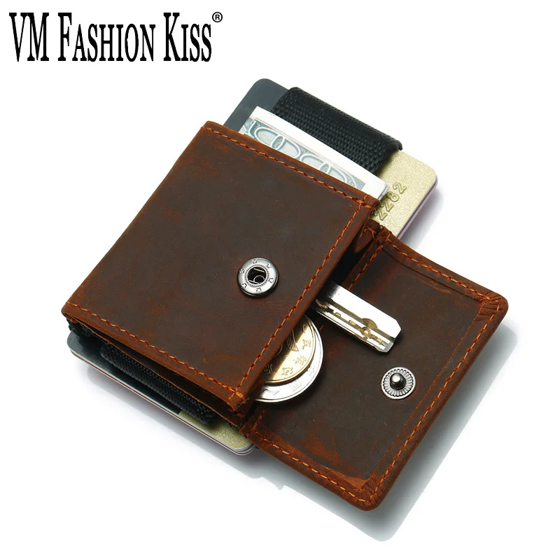 

VM FASHION KISS Storage Wallet Crazy Horse Genuine Leather Elastic Nylon Credit Card Wallets Coins Pocket Card Holder Cardholder