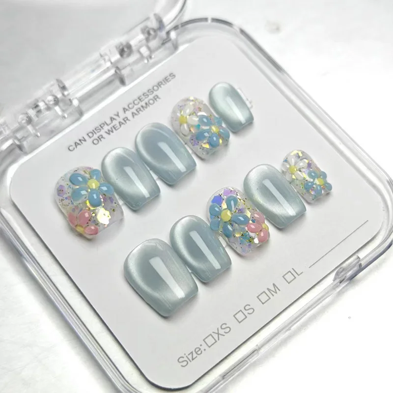 10pcs Handmade Nail Tips Nude-colored 3D Floral Design with Cat-eye Frosted Glass Beads High-quality Press-on Nail Tips