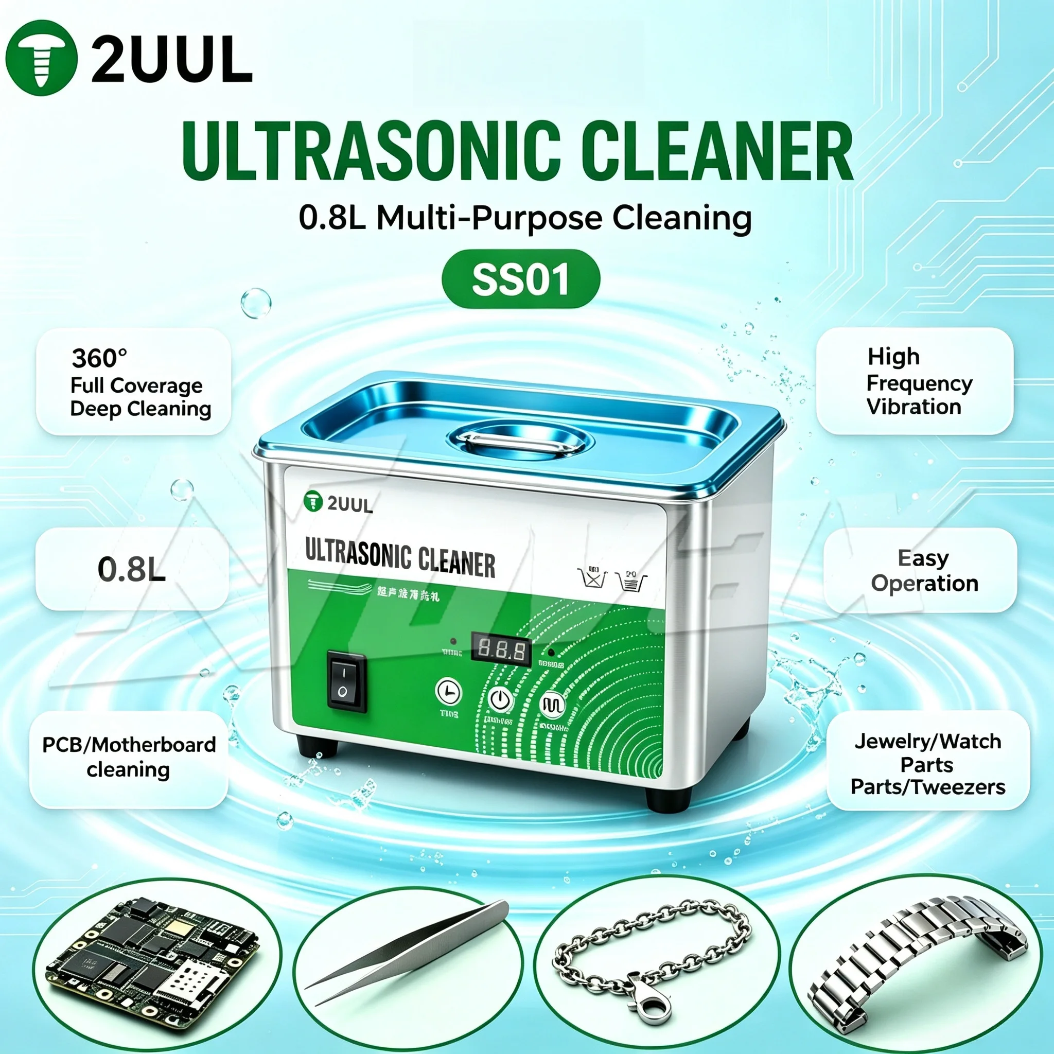 2UUL SS01 0.8Lultrasonic cleaning machine, used for deep cleaning of mobile phone repair PCB motherboards, tweezers, and jewelry