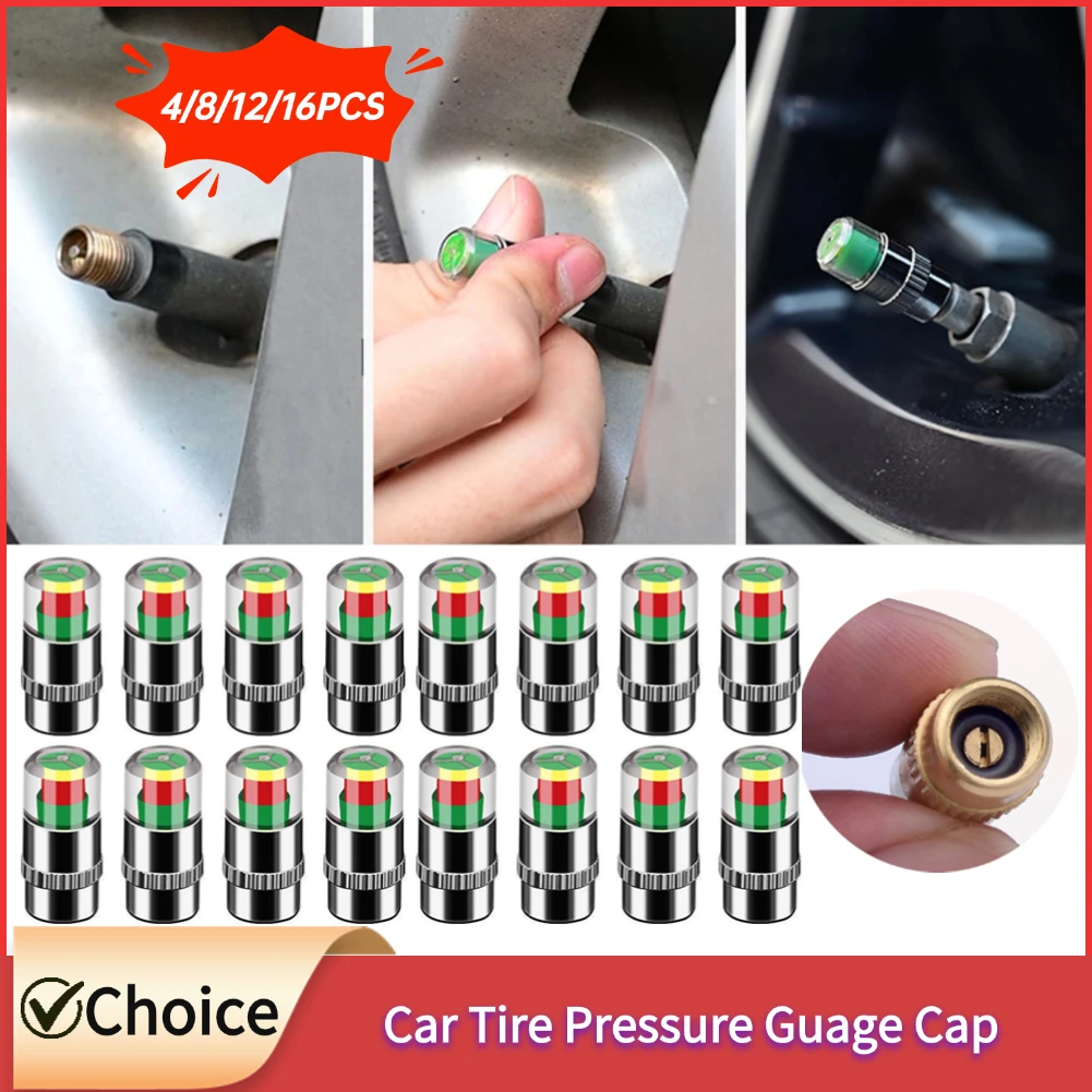 4/8/12/16Pcs Car Tire Pressure Guage Cap Sensor Indicator Alert Monitoring Tool Tyre Cap Indicator Alert Air Pressure Gauge