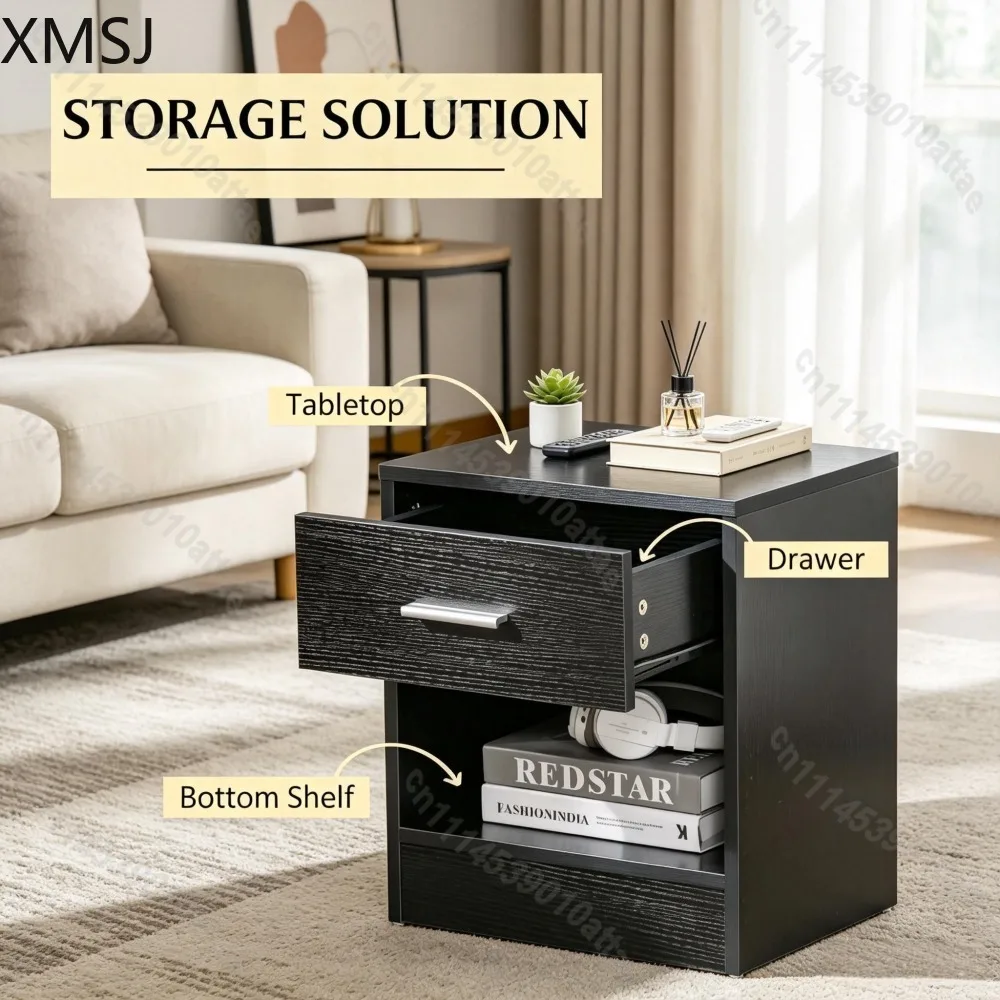 Black Wood Grain Modern Side Table With Drawer And Storage Shelf Compact End Table For Living Room Home Decor