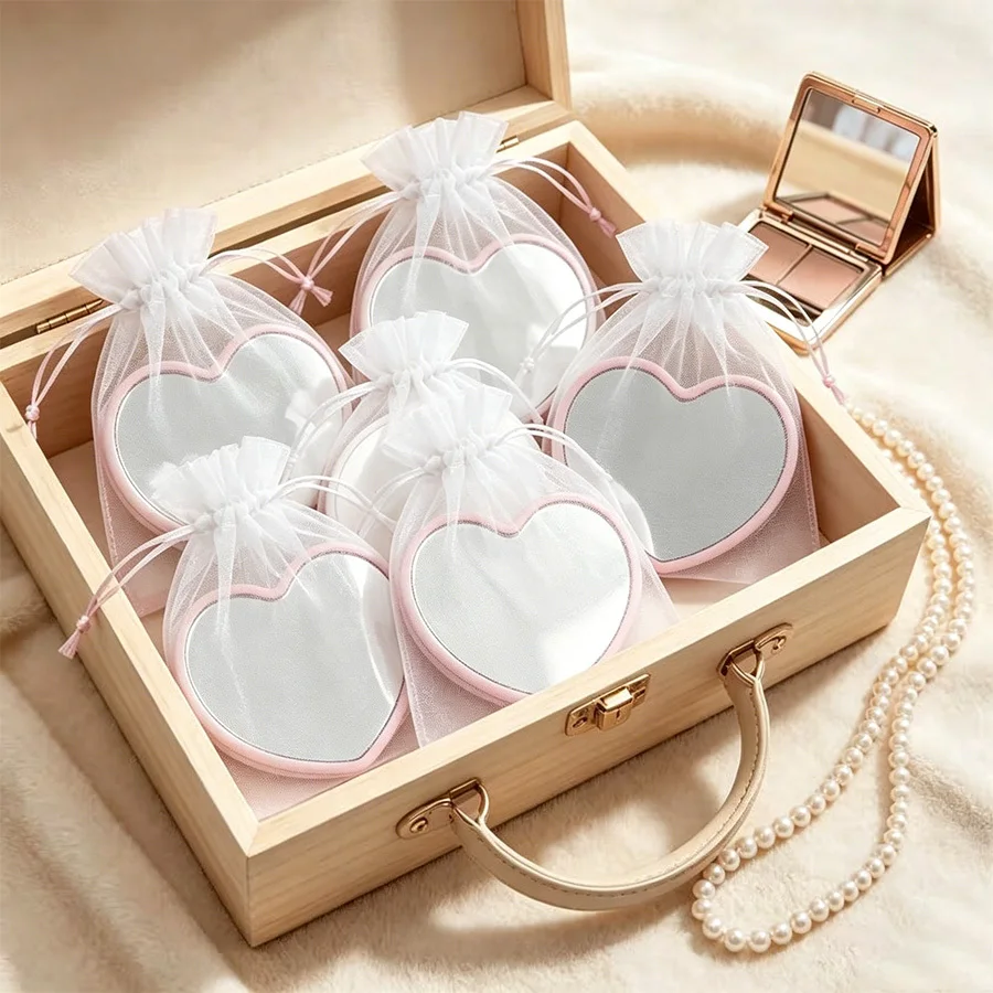 20-teiliges Geschenkset – rosa herzförmige Kompakt-Kosmetikspiegel mit Gazebeuteln, tragbare, niedliche Hochzeitsgeschenke und Partygeschenke