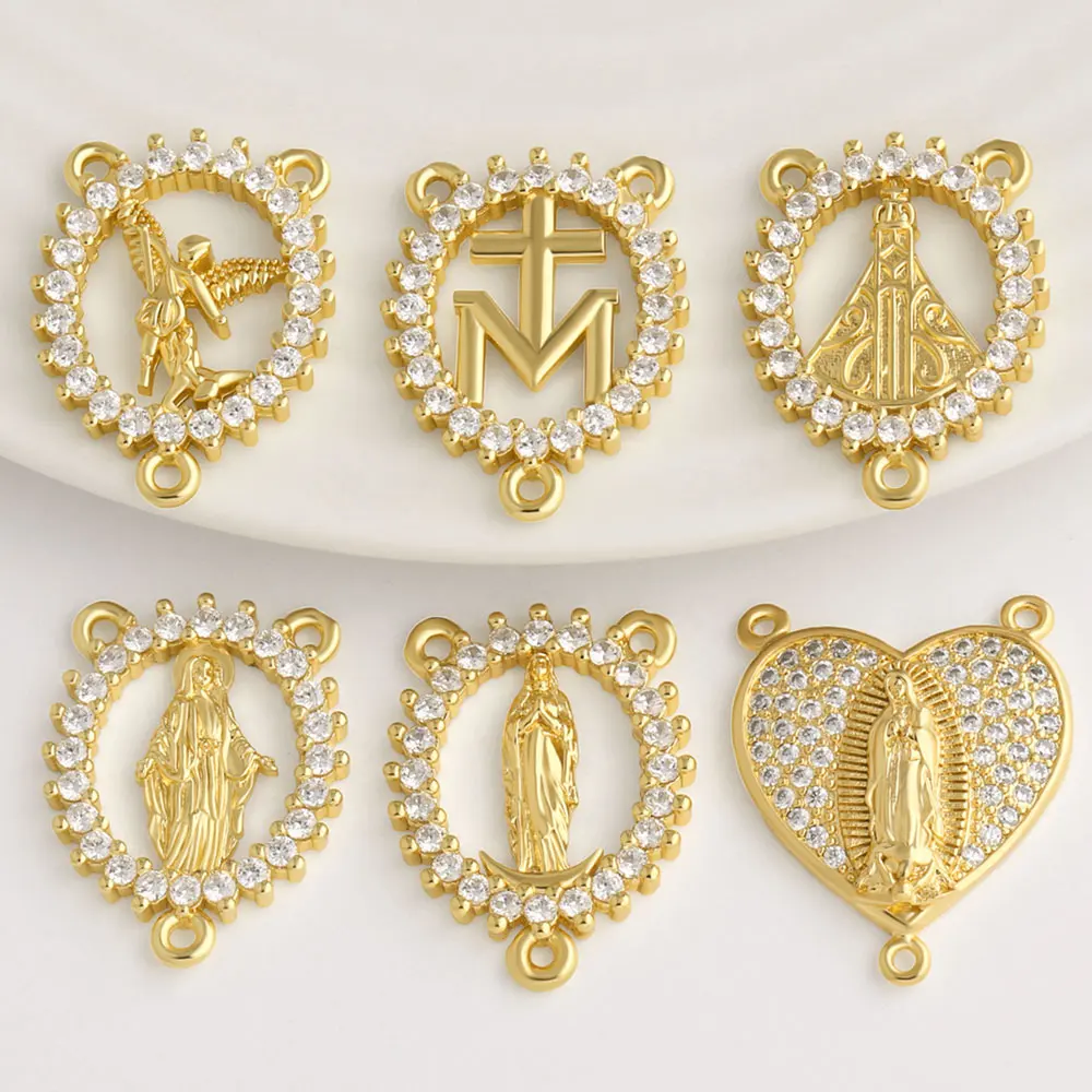 OCESRIO Virgin Mary Rosary Connector Pendant for Necklace Copper Gold Plated Crystal San Benito Jewelry Making Component pdta425