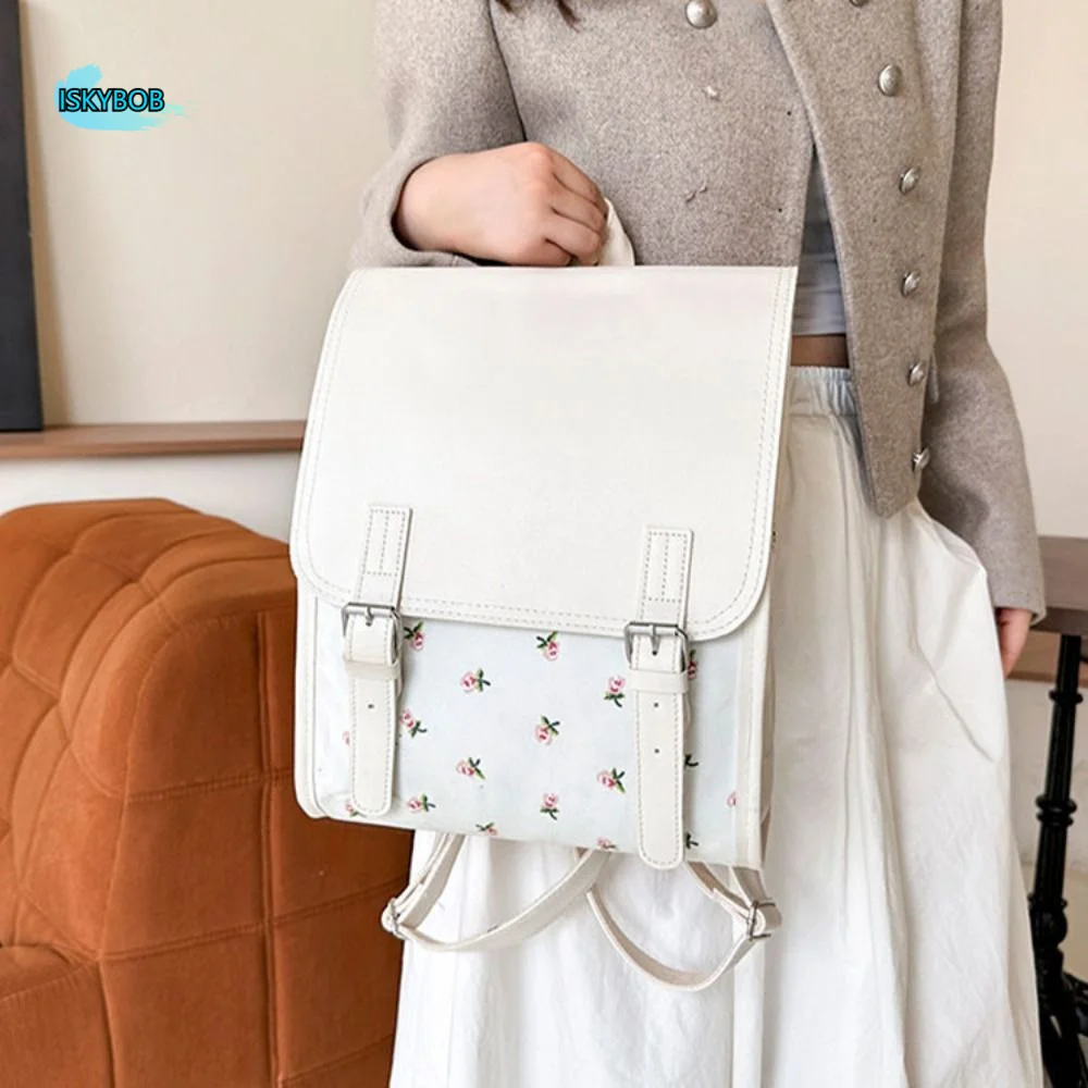 

Handbag Fashion Flap Backpack Aesthetic Large-Capacity PU Leather Flip School Bag Square Zipper Flower School Bagpack Travel