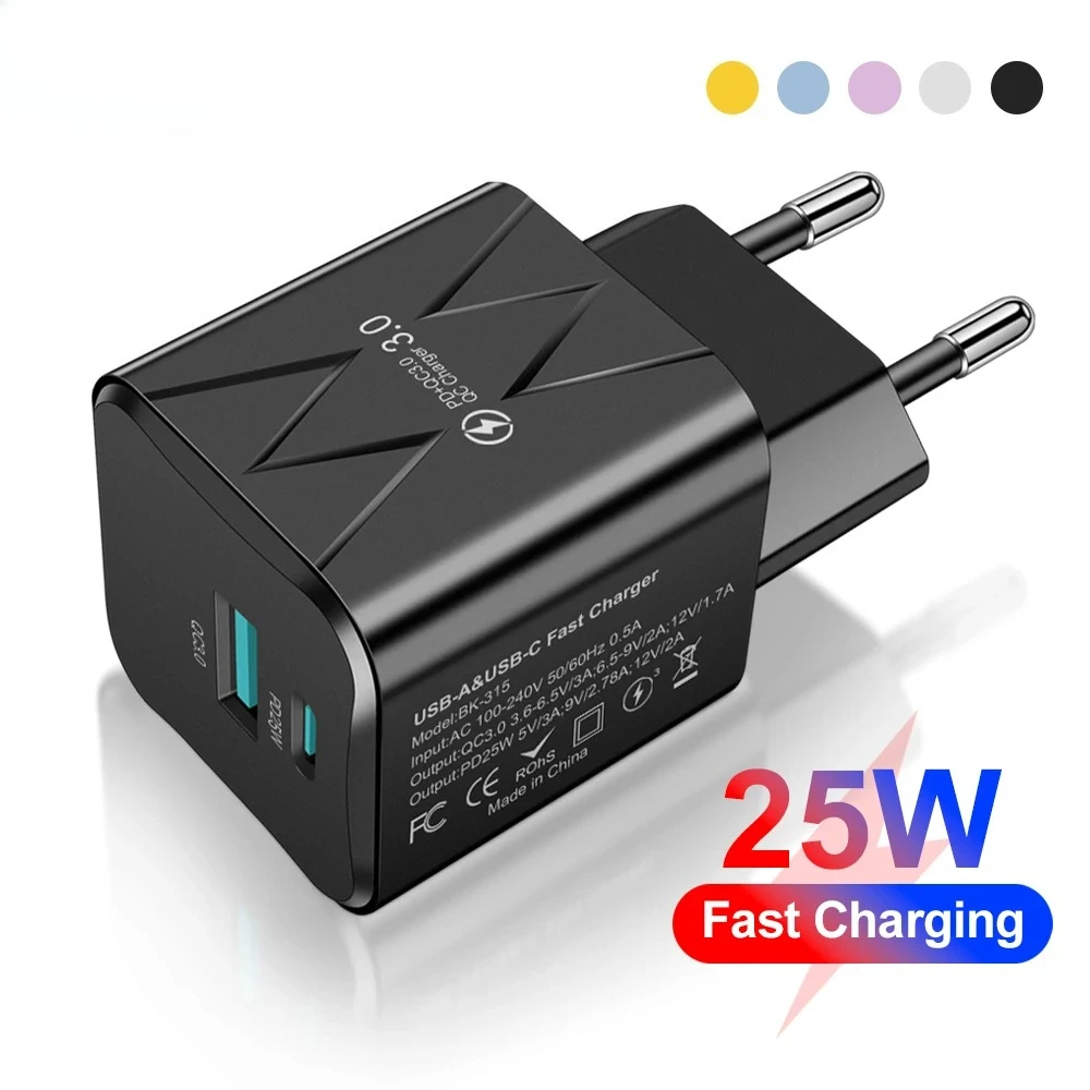 25W PD QC3.0 Dual Port Fast Charger EU Plug Power Adapter for iPhone Samsung Xiaomi Multiple Safety Protection Travel Charger