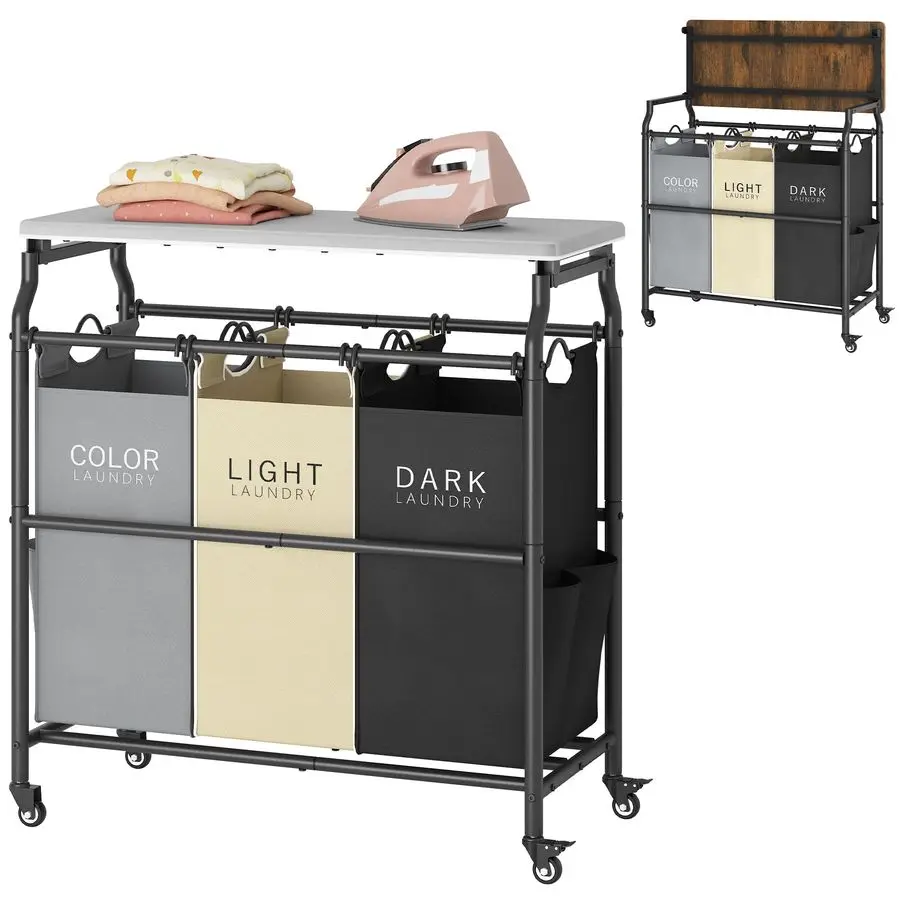 

3 Section Laundry Sorter Cart with Ironing Board, Laundry Hamper Basket with Shelf and Wheels, Heavy Duty Clothes Organizer, Lar