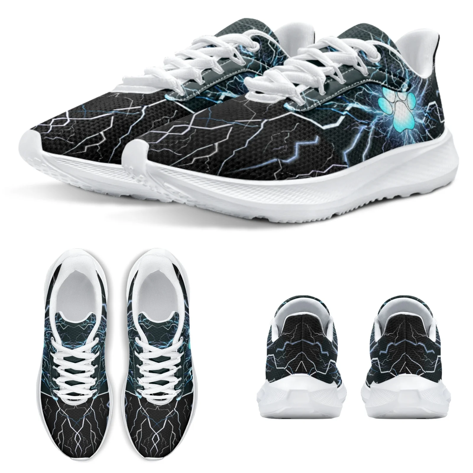 INSTANTARTS Stylish New Lightning Dog Paw Print Designer Women's Running Shoes White Lace Up Comfortable Gym Sneakers For Girls