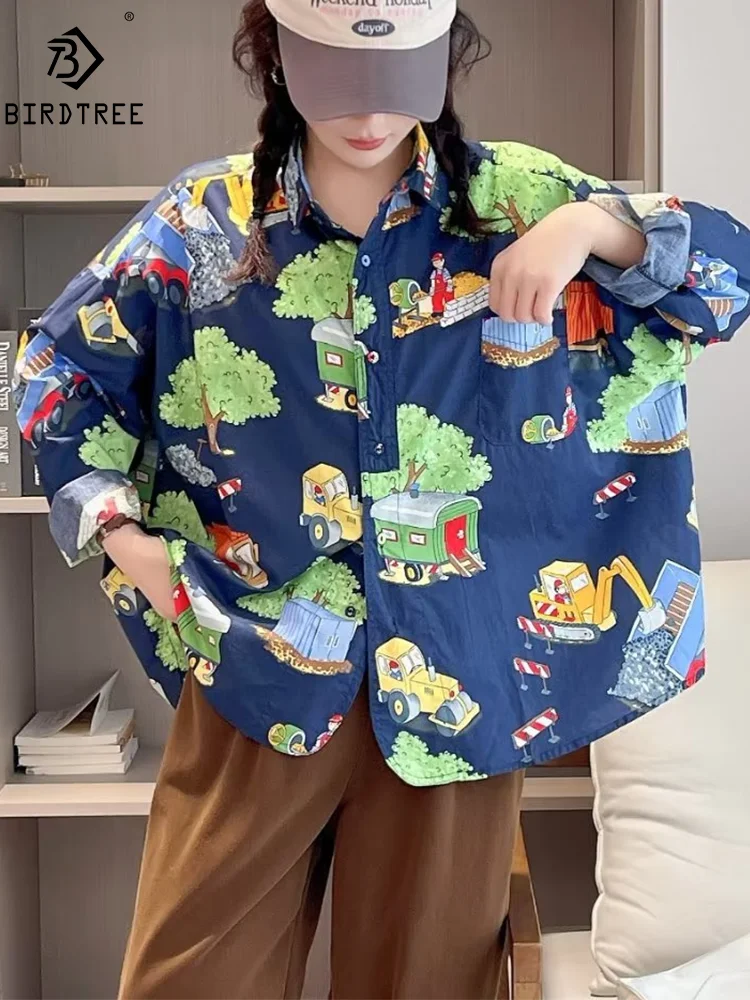 New Autumn Cotton Long Sleeve Shirts, Women Lapel Cartoon Print Tops, Mori Girl Casual Oversize Blouses, 2024 Winter T48707QM