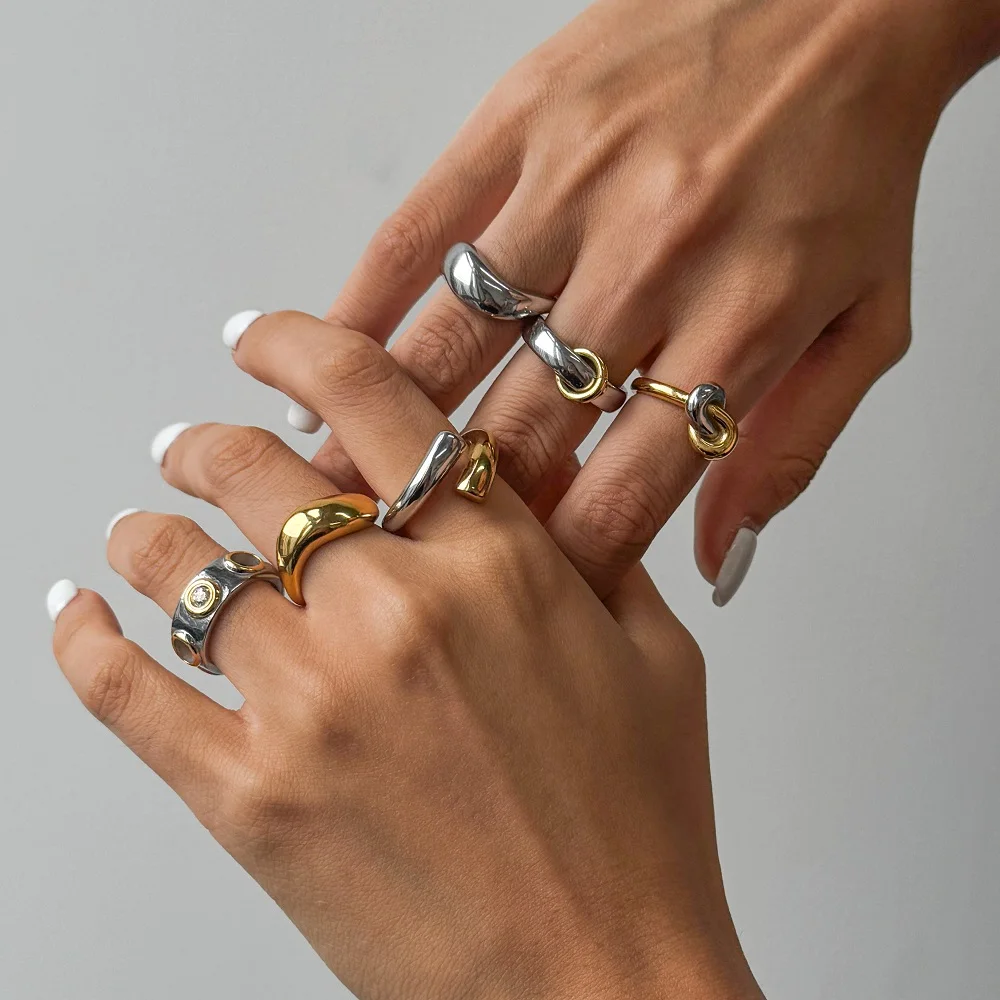 

AIKOER Minimalist Two tone Irregular Ring Stainless Steel Hollow out Stackable Ring Women's Accessories Party Gift