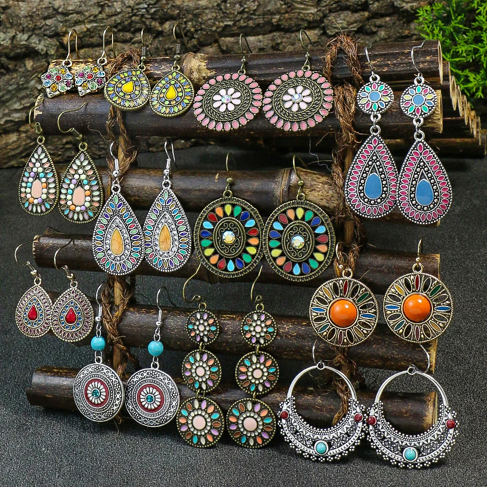 New Bohemian Alloy Earrings Round Drop Oil Multicolor Diamonds Sun Flower Distinctive Embellishment Gifts Party