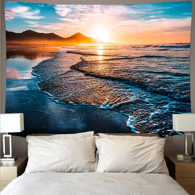 Blue Ocean Wave Tapestry Sunset Cloud Nature Art Wall Hanging Tapestries Wall Cloth Mat Background Blanket Bohemian Home Decor