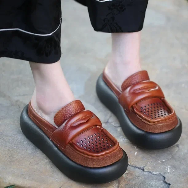 

Birkuir/женские тапочки на плоской платформе в стиле ретро, 2024, лоферы без шнуровки, шлепанцы на толстом каблуке, туфли из натуральной кожи с закрытым носком