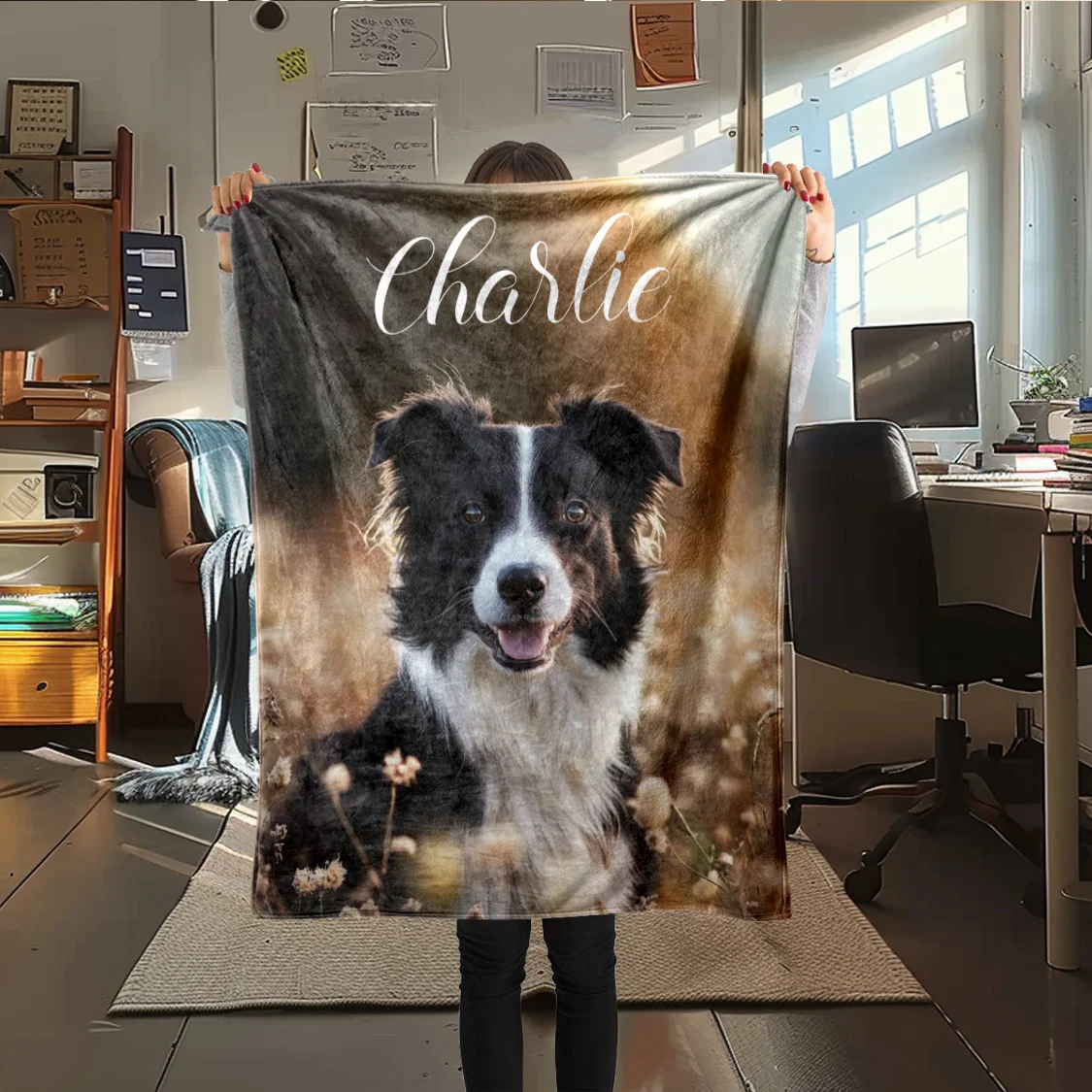 Personalized dog photo blanket with soft polyester fiber pet portrait cover, gold background and dandelion decoration