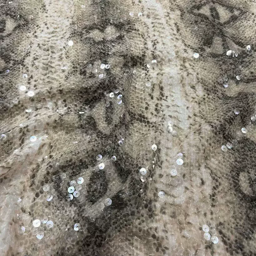 

Colorful Python Pattern Printed Chiffon Base Fabric with Sequin Embroidery for DIY Crafts Home Decor