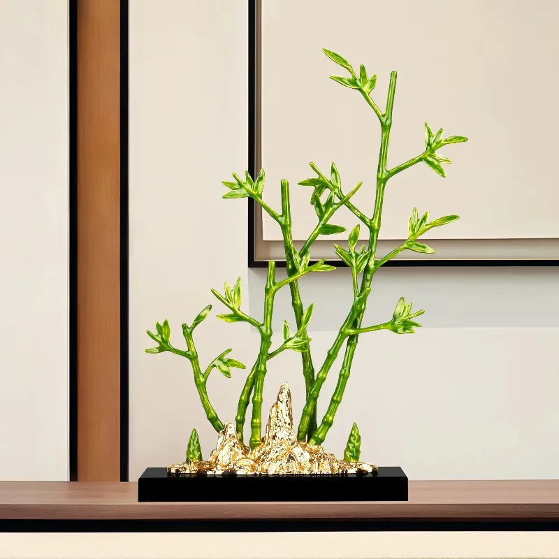Multi Stem Slender Plant Figurine Textured Rock Accent Solid Dark Flat Block Base Office Console Static Decor Craft Segmented