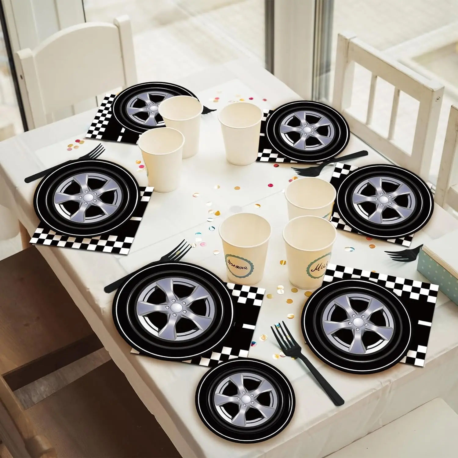 Race Car Party Decoration,Disposable Checkered Tableware Paper Plates Cups Napkin Tablecloth Racetrack Number 1-9 Balloon