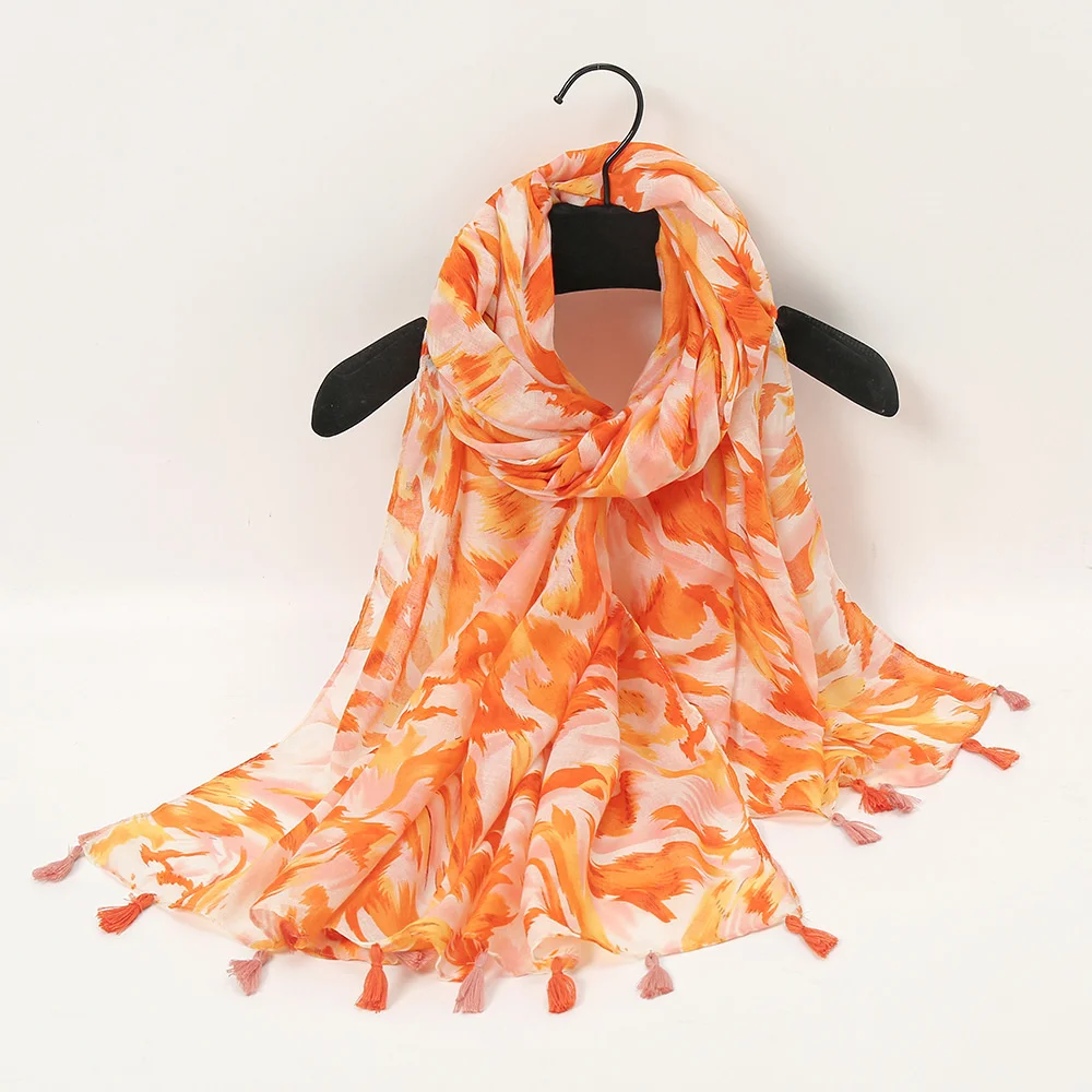 Simple elegant fresh, cotton and linen orange shawl Bohemian Lovely Floral Tassel Viscose Scarf Lady High Quality Hijab