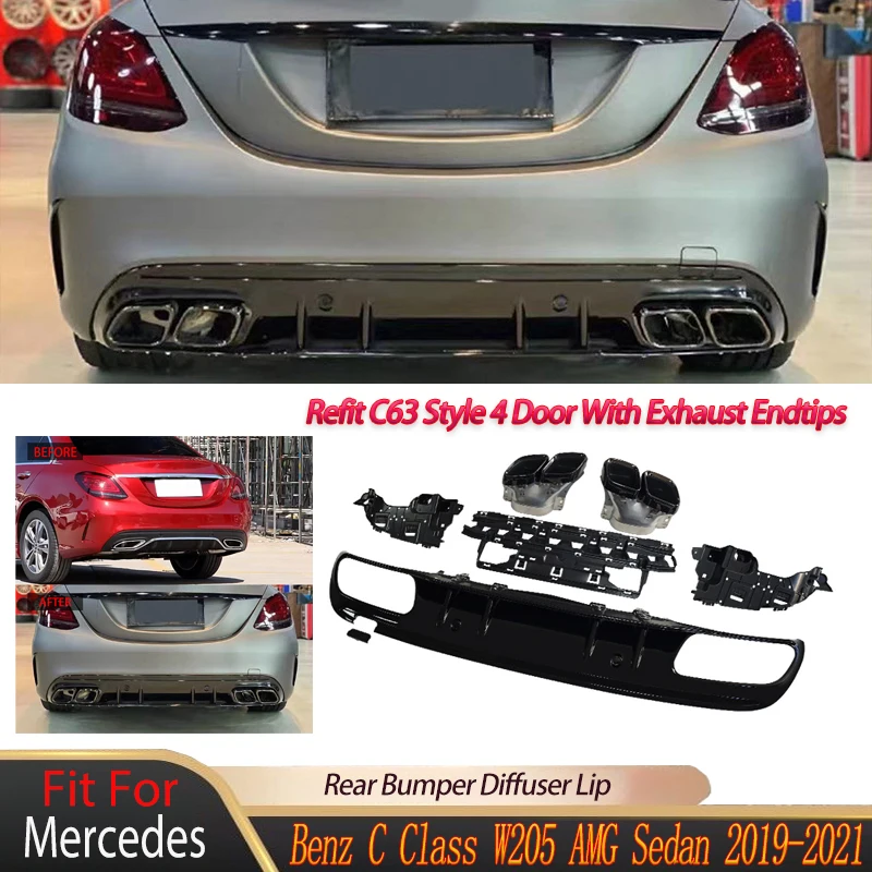 المصد الخلفي الناشر الشفاه لمرسيدس بنز C الفئة W205 AMG سيدان 2019-2021 تجديد C63 نمط 4 باب مع طقم هيكل أطراف العادم