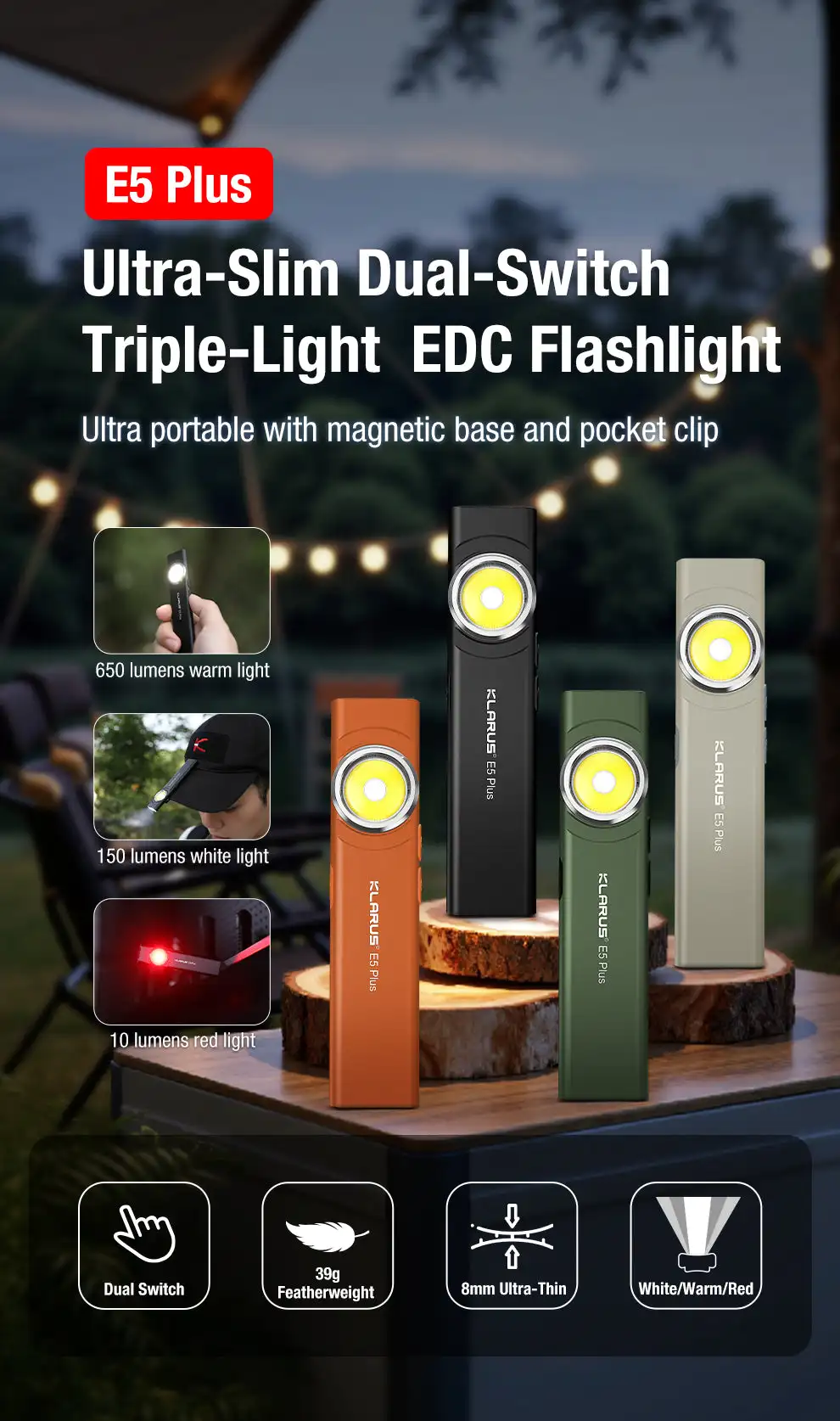 Lanterna EDC magnética de luzes triplas ultradelgada Klarus E5 Plus