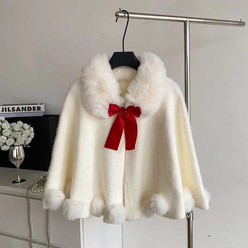 Small fragrant style high-end bow fur collar patchwork cloak jacket women's winter new loose elegant sweet temperament cloak