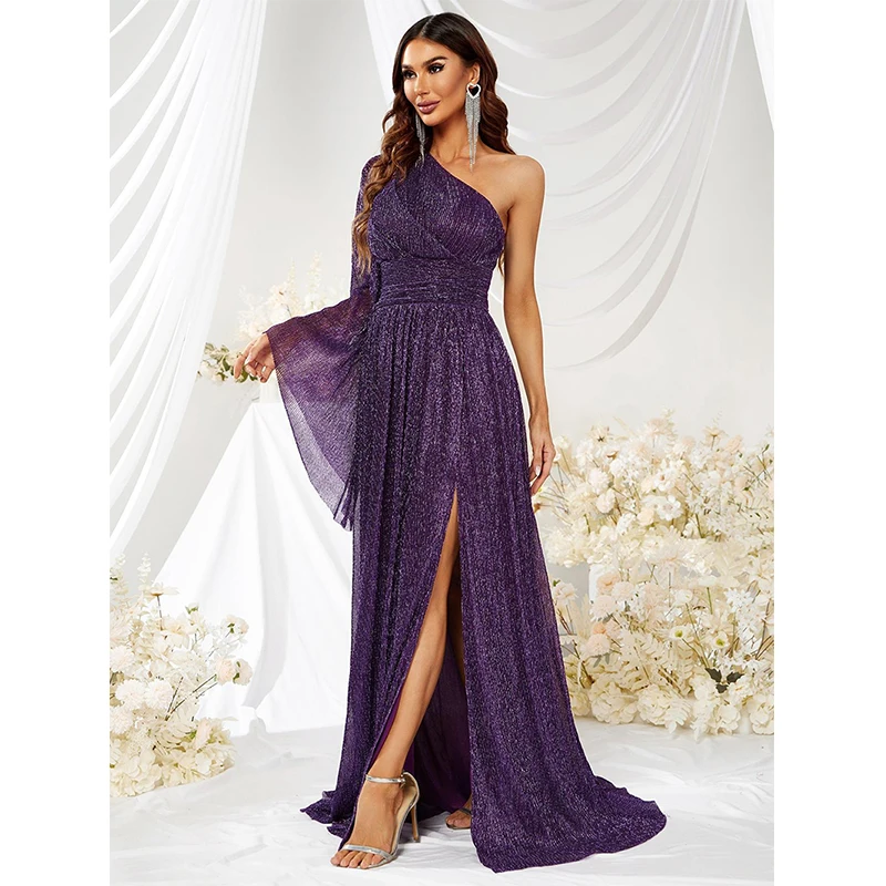 Women sexy Elegant One shoulder split Vestido de festa Summer 2023 Flare sleeve Backless Evening Prom Maxi Long dress